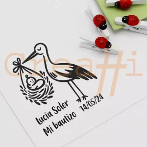 Sello bautizo diseño cigüeña mensajera